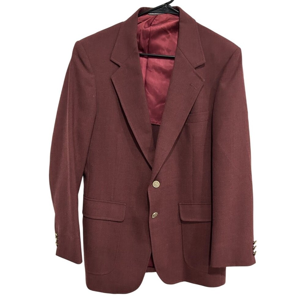 Vintage Arnie Mens Burgundy Blazer 40R Wool Blend Two Button Gold Accents